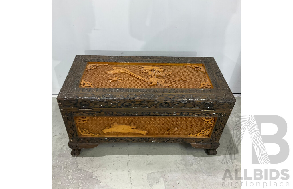 Vintage Chinese Carved Camphor Wood Cabinet with Chest