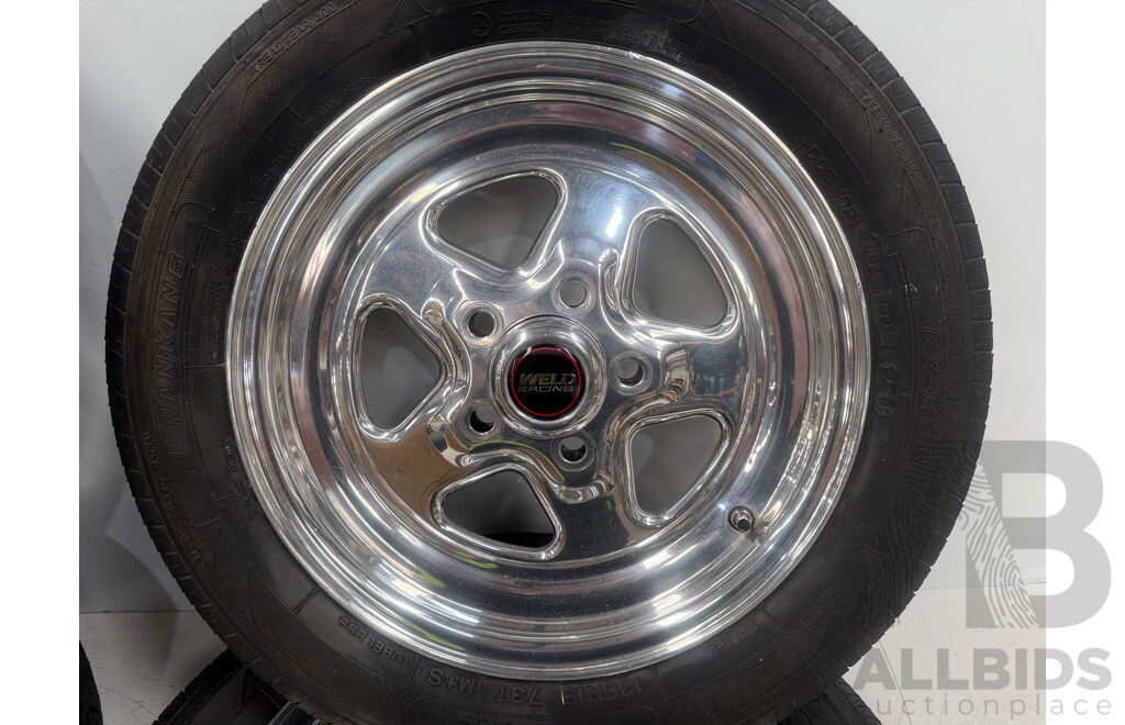 Set of 4x 15 Inch Weld Racing Rims & Tyres to 5 Stud to Suit Ford Front 135R15 + Rear 195 50 R15 + Full Set of Wheel Nuts