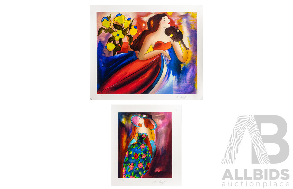 Linda Le Kinff, (20th Century, French-Brazilian, 1947-), Angilique Aux Grands & Gertrude, Pair of Wonderful Original Signed Serigraphs on Wove Paper,  42 x 50 cm (largest) (2)