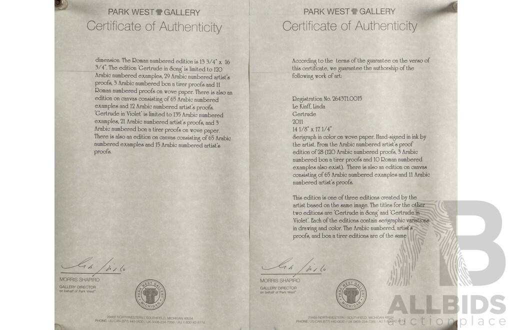 Linda Le Kinff, (20th Century, French-Brazilian, 1947-), Angilique Aux Grands & Gertrude, Pair of Wonderful Original Signed Serigraphs on Wove Paper,  42 x 50 cm (largest) (2)