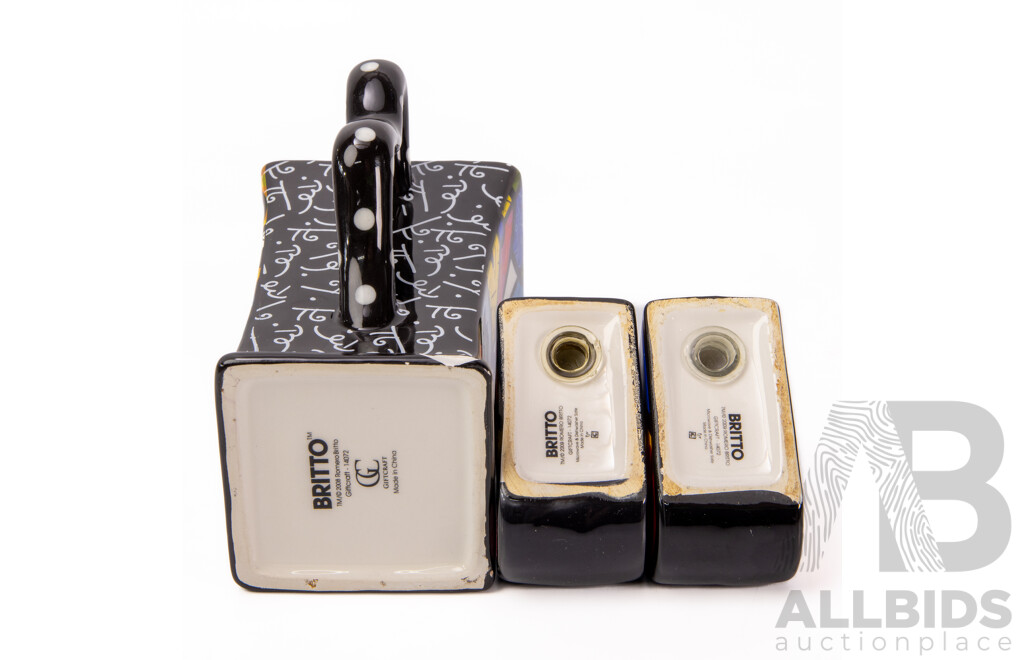 Pair of Britto Heart Shaped Salt and Pepper Shakers and a Britto Coffee Mug