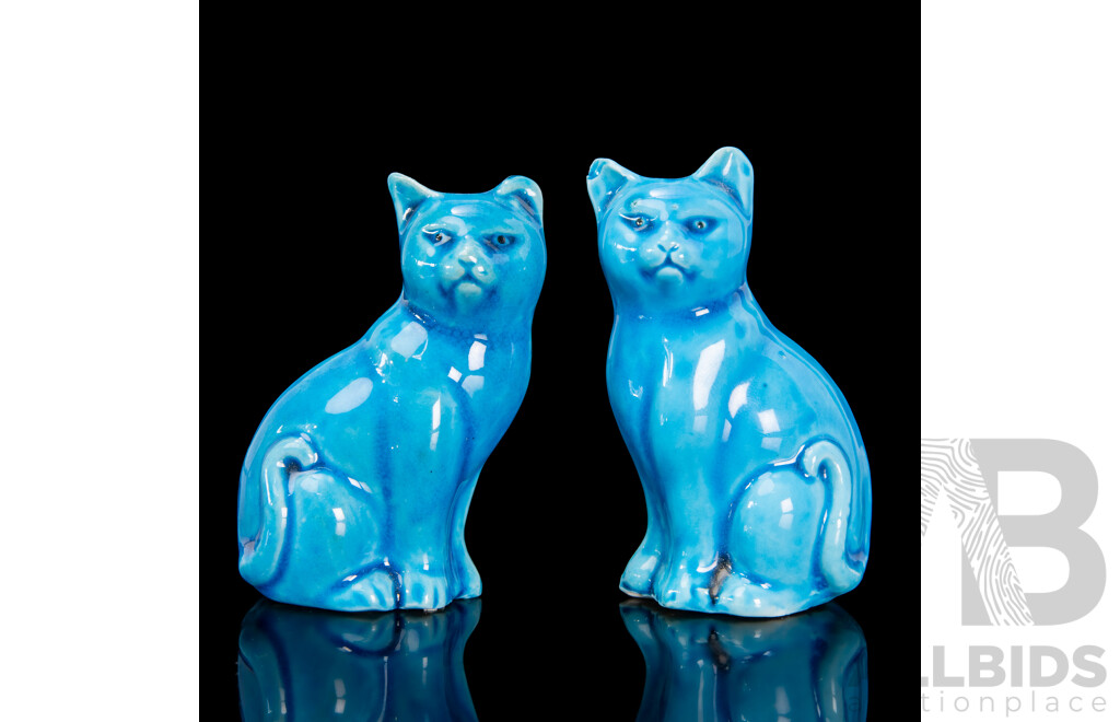 Vintage Chinese Ceramic Cats with Vibrant Turquoise Glaze