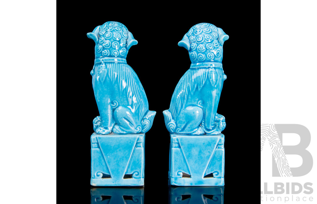 Vintage Chinese Ceramic Temple Dogs with Vibrant Turquoise Glaze