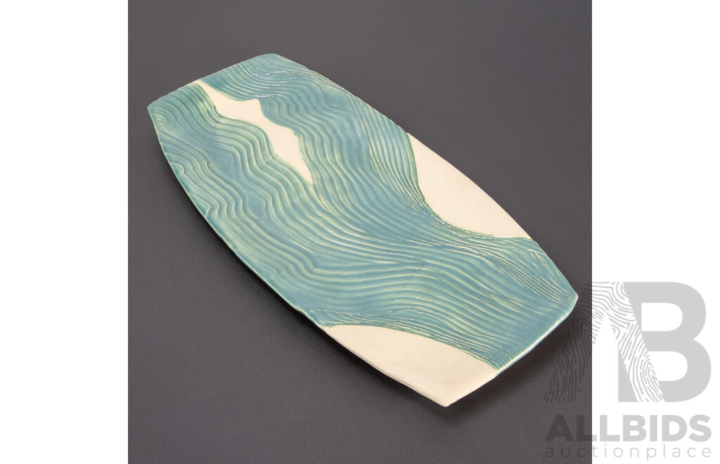 Vintage Japanese Glazed Ceramic Plate with Incised Wave Pattern
