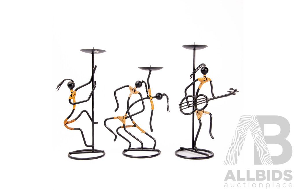 Set of Three Mid Century Laurids Lonborg Denmark Wrought Iron and Rattan Musician Candlesticks