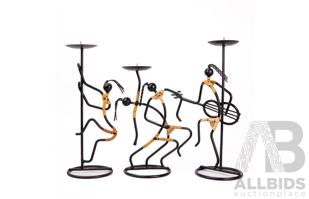 Set of Three Mid Century Laurids Lonborg Denmark Wrought Iron and Rattan Musician Candlesticks