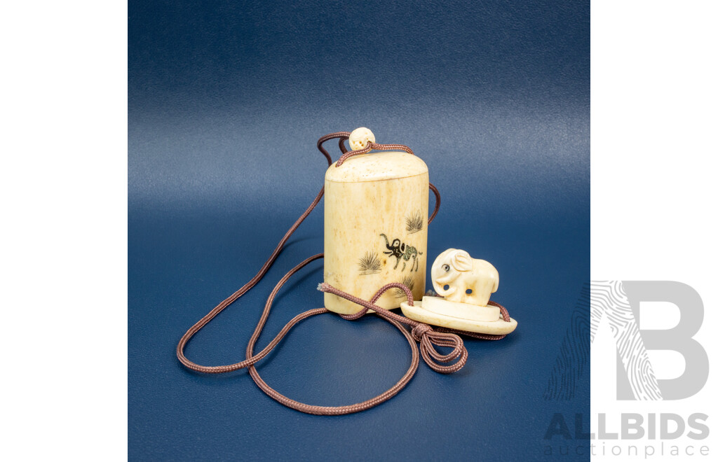 Vintage Japanese Carved and Died Bone Inro