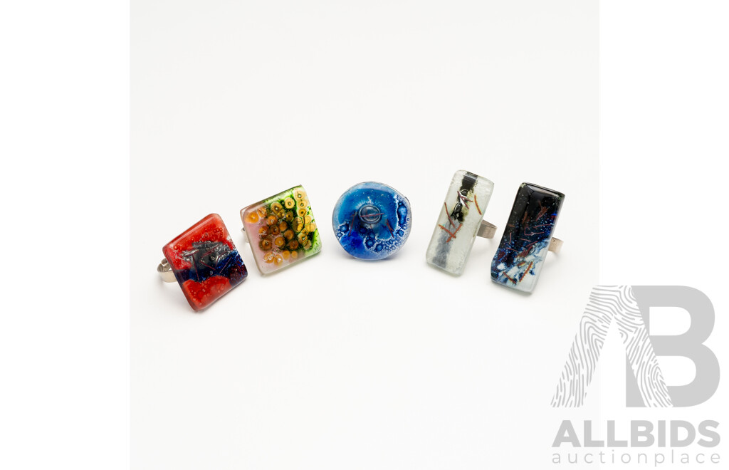 Set of Five Funky Art Glass Rings