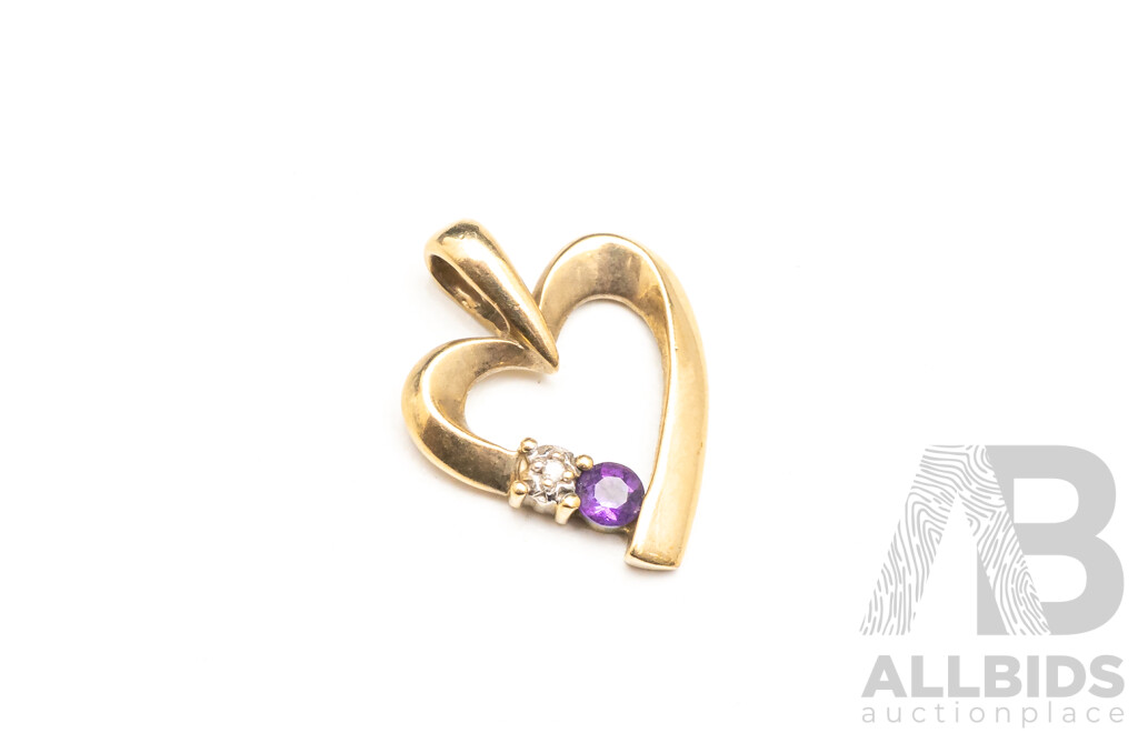 15ct Yellow Gold Heart Pendant with Small Diamond and Amethyst