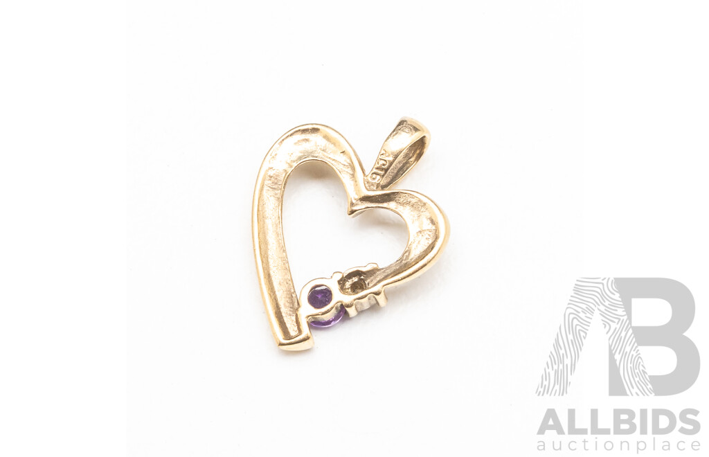 15ct Yellow Gold Heart Pendant with Small Diamond and Amethyst
