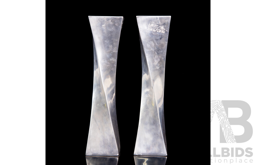 Pair of Modernist Twisted Chrome Tall Candlesticks