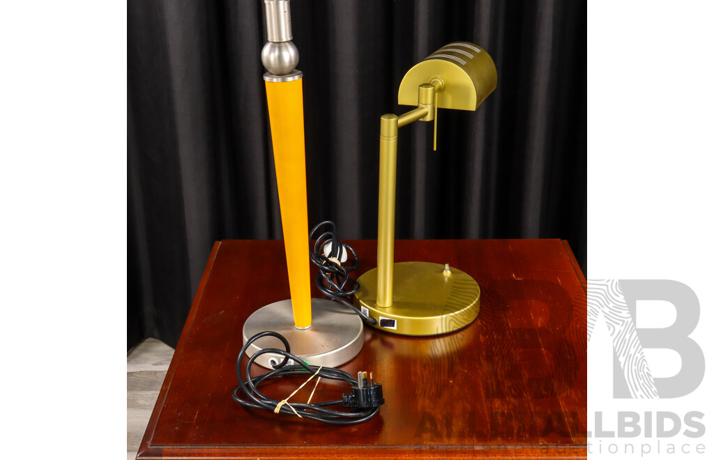 Gold Desk Lamp with Articulated Arm and Timber Example