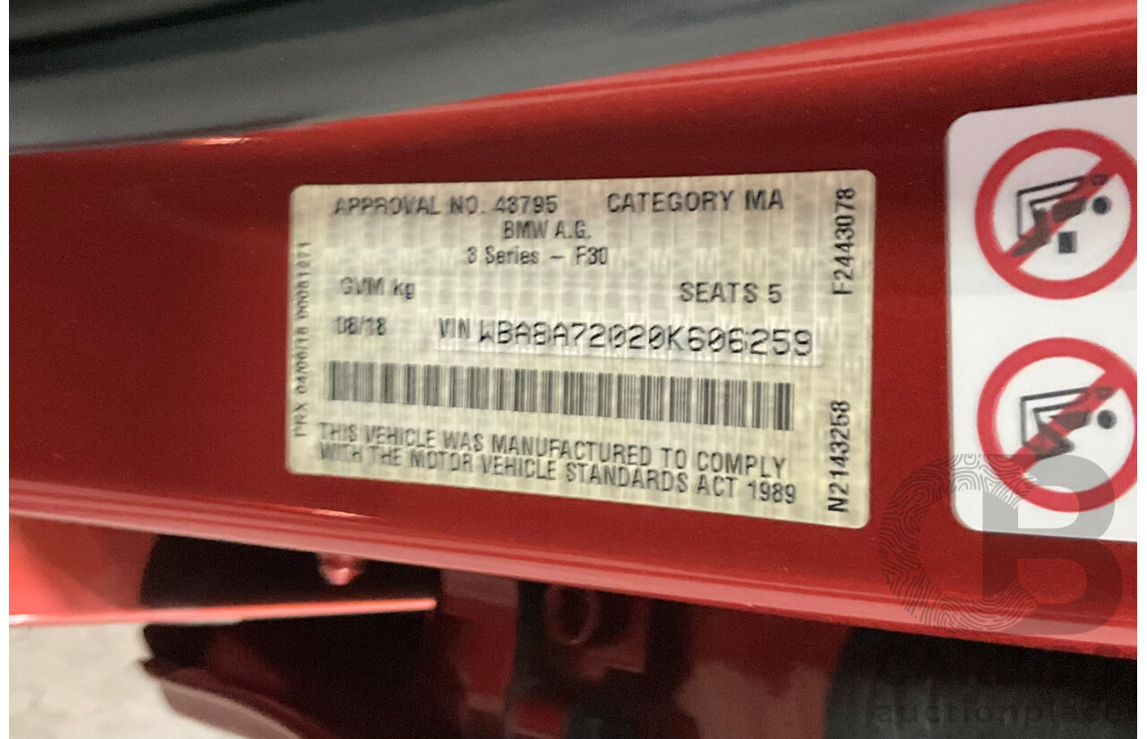 08/2018 BMW 330i M Sport (RWD) F30 LCI MY18 4d Sedan Sunset Orange Metallic Turbo 2.0L