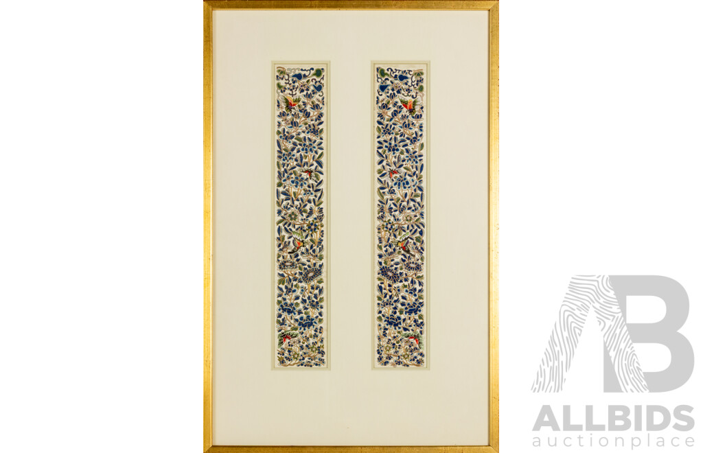 Artist Unknown (Early-Mid 20th Century), Butterflies & Blue Flowers, Beautiful & Delicately Hand Embroidered Vintage Forbidden Stitch on Dual Silk Panels, 72 x 47 cm (frame)