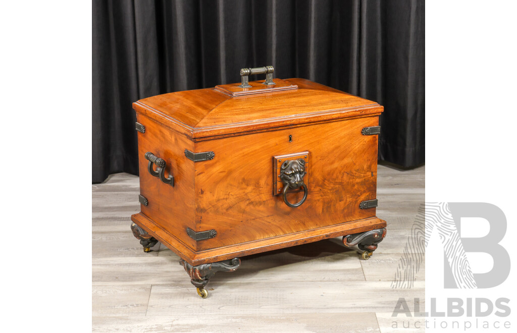 Mid Victorian Elm and Brass Bound Cellarette with Lion Mask Handles and Lead Lined Interior