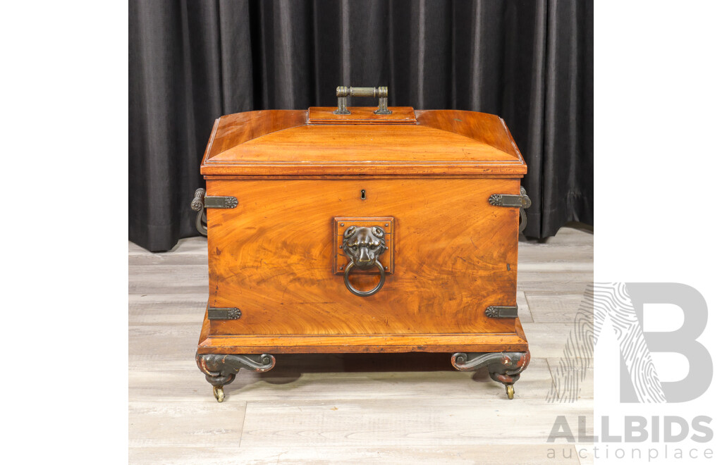 Mid Victorian Elm and Brass Bound Cellarette with Lion Mask Handles and Lead Lined Interior