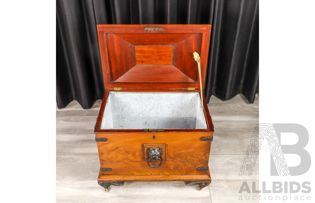 Mid Victorian Elm and Brass Bound Cellarette with Lion Mask Handles and Lead Lined Interior