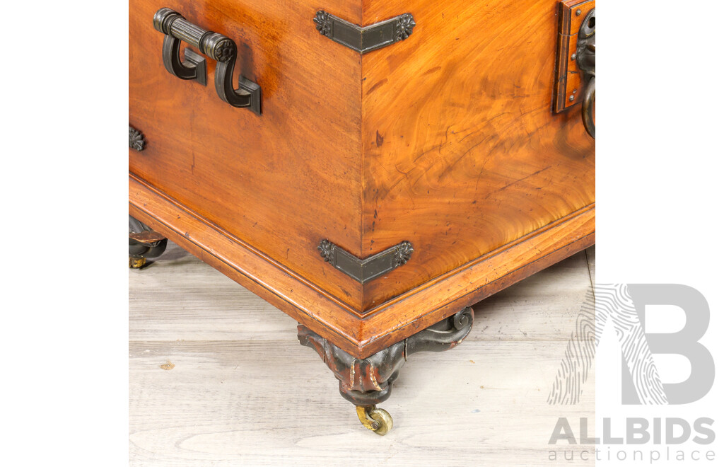 Mid Victorian Elm and Brass Bound Cellarette with Lion Mask Handles and Lead Lined Interior