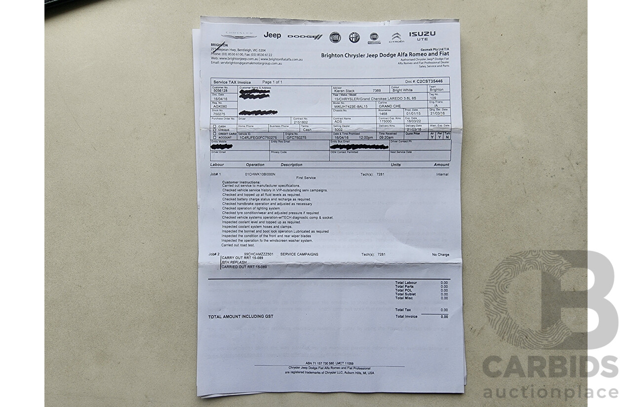 4/2015 Jeep Grand Cherokee Laredo (4x4) WK MY15 4d Wagon White 3.6L