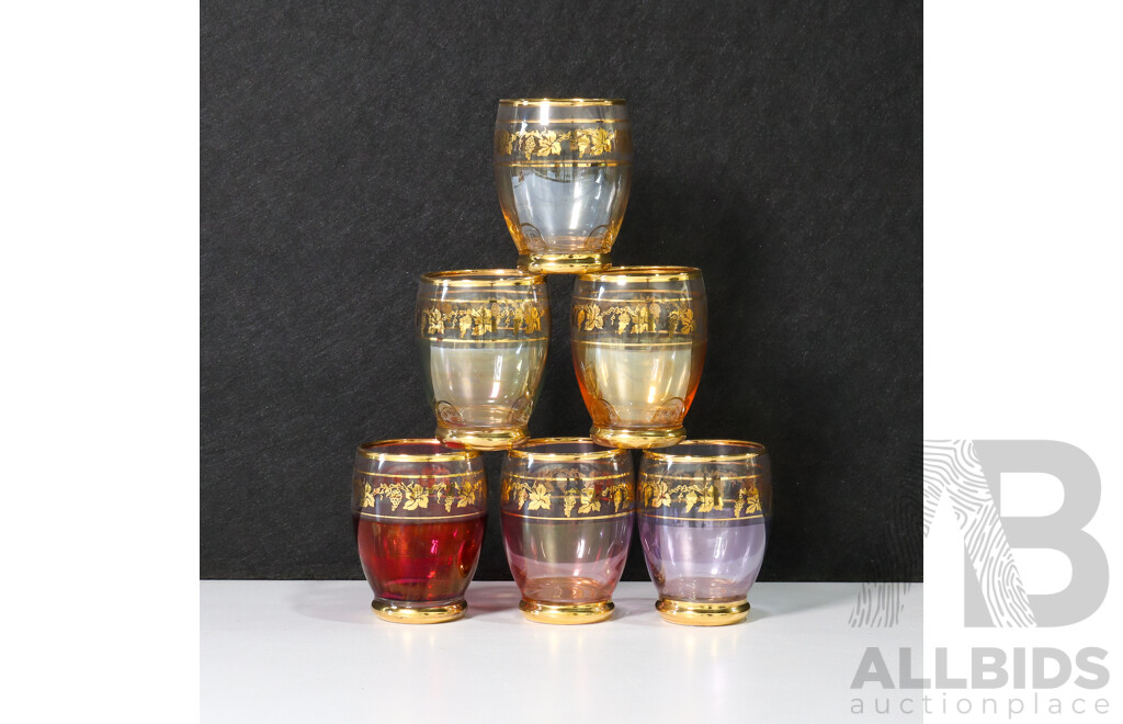 Set of 6 Coloured Tint Glasses with Gold Stripes