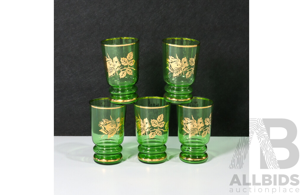 Set of 5 Transparent Green Tinted Glasses with Gold Floral Design and Details