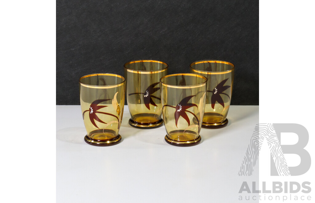 Set of 4 Transparent Amber Tinted Glasses with Floral Design and Gold Details