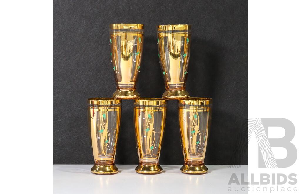 Set of 5  Glasses with Gold Base and Floral Gold and Green Details