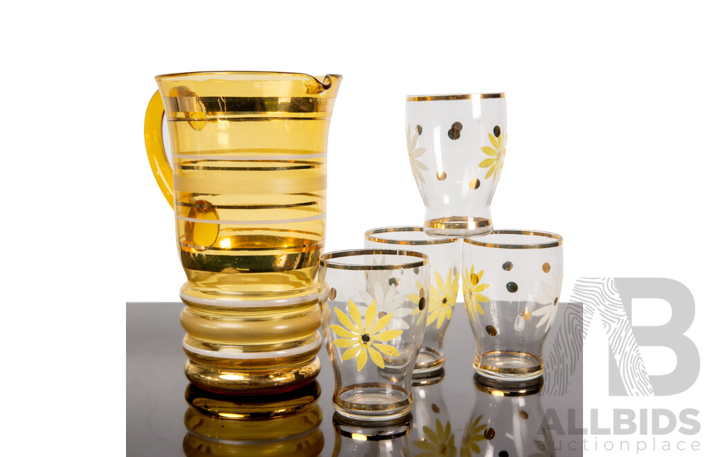 Retro Amber Glass Five Piece Drinks Suite