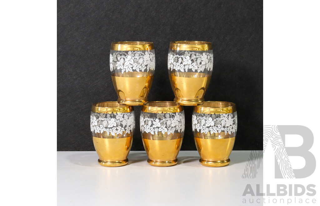 Set of 5 Glass Cups with Gold and White Vines