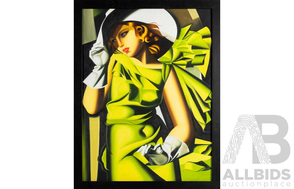 After Tamara De Lempicka (19/20th Centuries, Polish, 1894-1980) Young Woman in Green, Reproduction Oil on Canvas After Original, 87 X 67 Cm (frame)