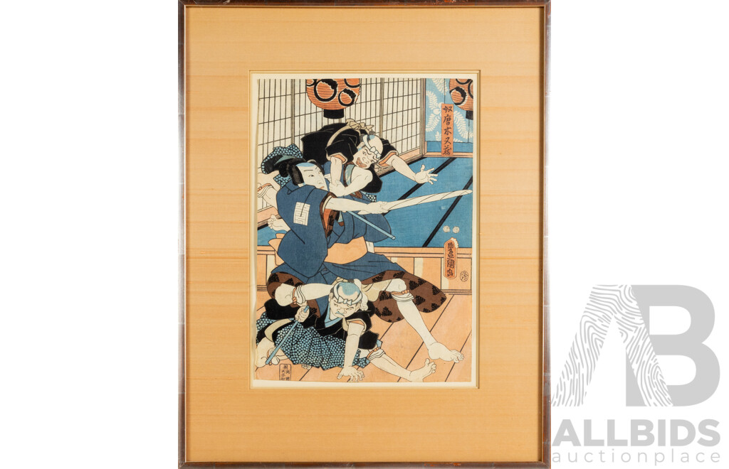 Utagawa Kunisada (aka Toyokuni III), (19th Century, Japanese, 1786-1865), Kabuki Trio Mid-Fight, Wonderful Antique Woodblock Print, 54 x 42 cm (frame)