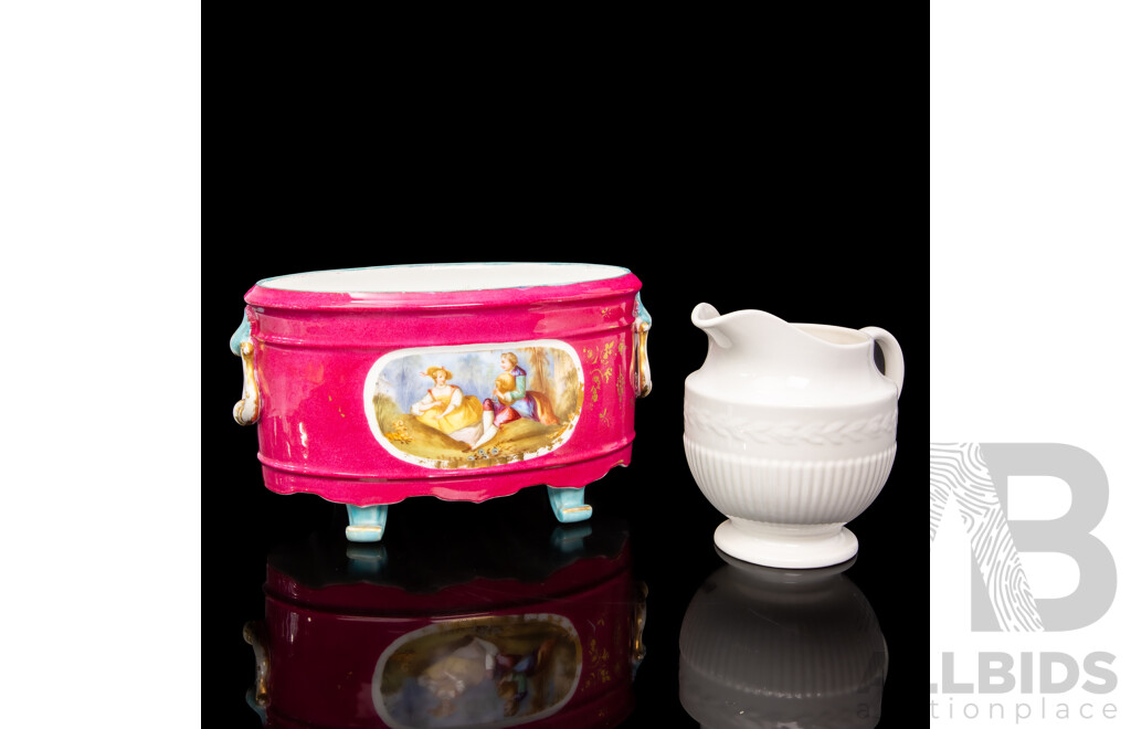 Porcelain French Sevres Style Jardiniere Together with a Wedgewood Jug