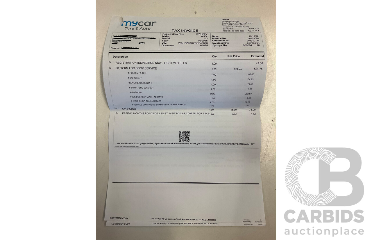 02/2016 Audi Q3 1.4 TFSI (110kW) FWD 8U MY15 4D Wagon Floret Silver Turbo 1.4L
