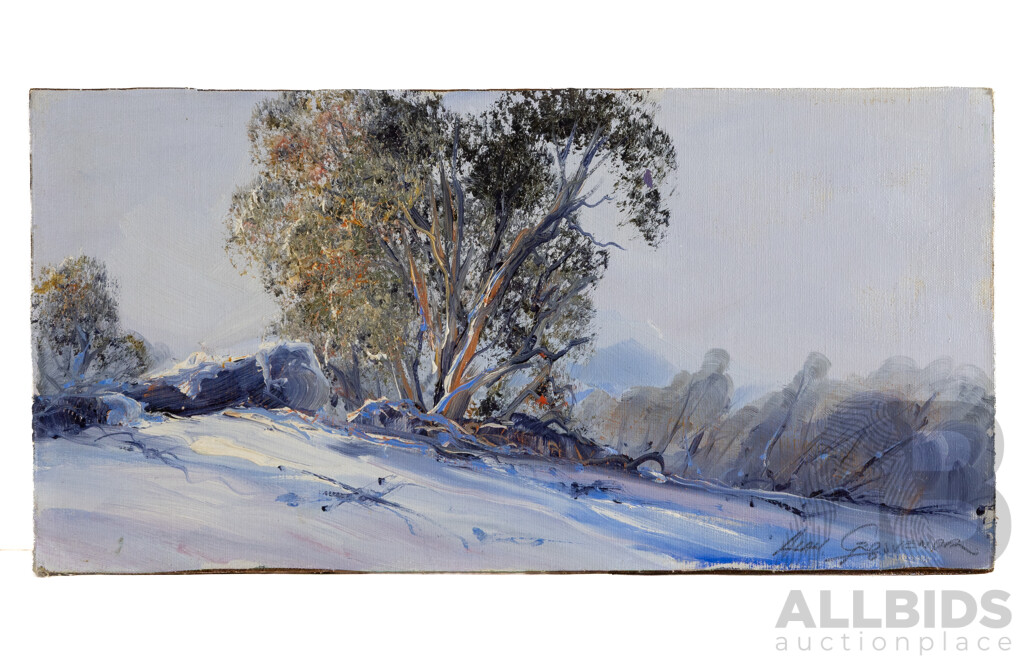 Alan Clive Grosvenor (20th Century, Australian, 1925-2012), Perisher Tops (1978), Wonderful Canvas Cloth Panel Attached to Board, 25 x 51 cm