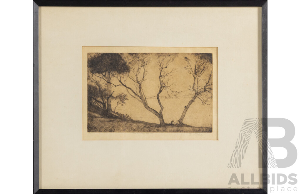 Bruce Robertson, (19/20th Centuries, Australian, 1872-1943), Across the Bay, Coogee, Sydney NSW, Wonderful Antique Etching on Cream Wove Paper, 37 x 45 cm (frame)