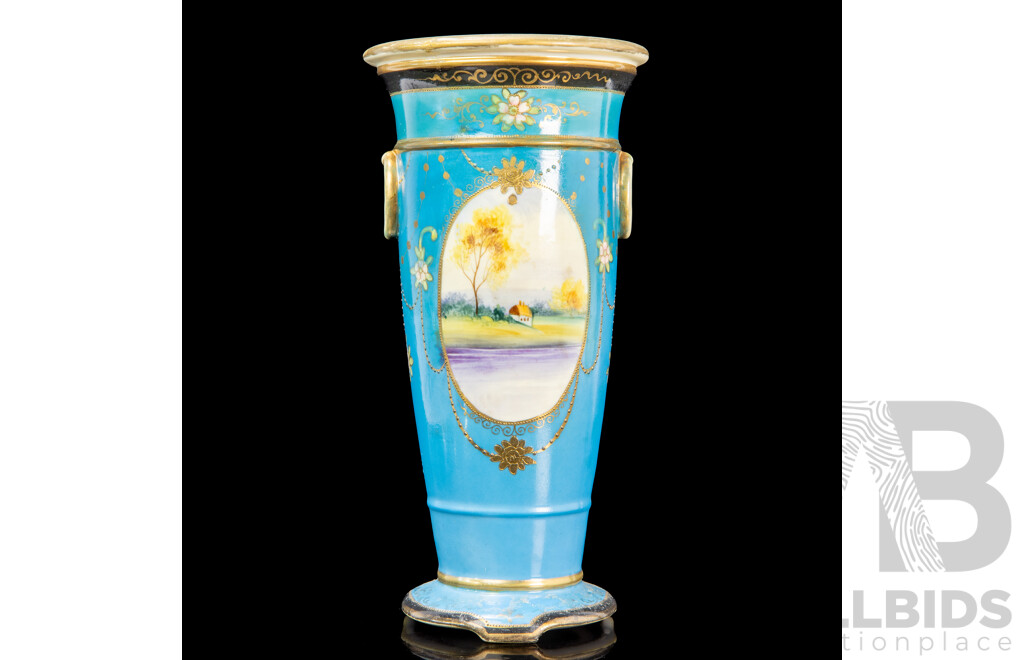 Vintage Noritake Vase with Hand-Painted Gilded Floral Patterns and Rural Cottage Scenes