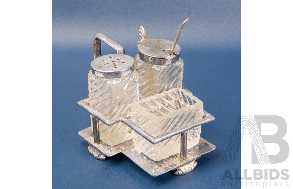 Two Antique Cruet Sets Including Atkin Brothers of Sheffield Swirl Glass and Cut Glass Example