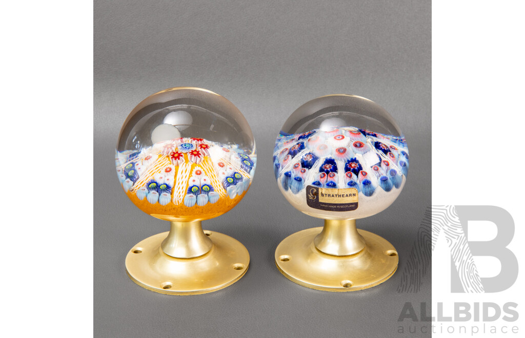 Two Vintage Strathearn Art Glass Door Knobs, Millefiori Cane Designs, Made in Scotland