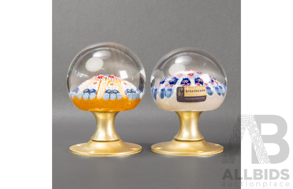 Two Vintage Strathearn Art Glass Door Knobs, Millefiori Cane Designs, Made in Scotland
