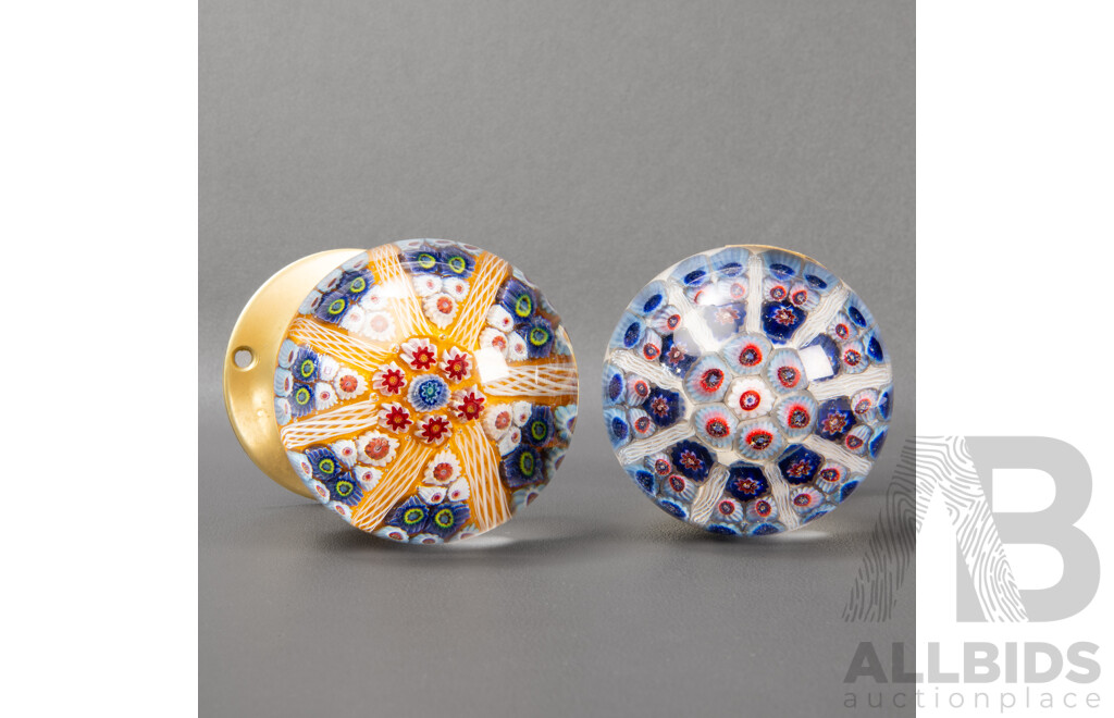 Two Vintage Strathearn Art Glass Door Knobs, Millefiori Cane Designs, Made in Scotland