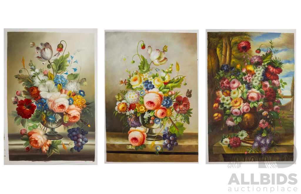 Artists Unknown, (20th Century), Flower Dreams I, II & III, Lovely Trio of Oil on Canvas Clothes Unstretched, 103 x 69 (x2) & 103 x 72 cm (3)