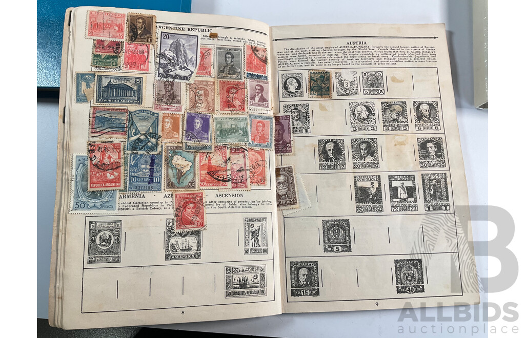Four Albums of Vintage International Stamps Including ETA Postage Stamps of the World, Australian Predecimal, Ceylon Pakistan, France, Canada, New Zealand, Madagascar, South Africa, Uganda, Germany and More