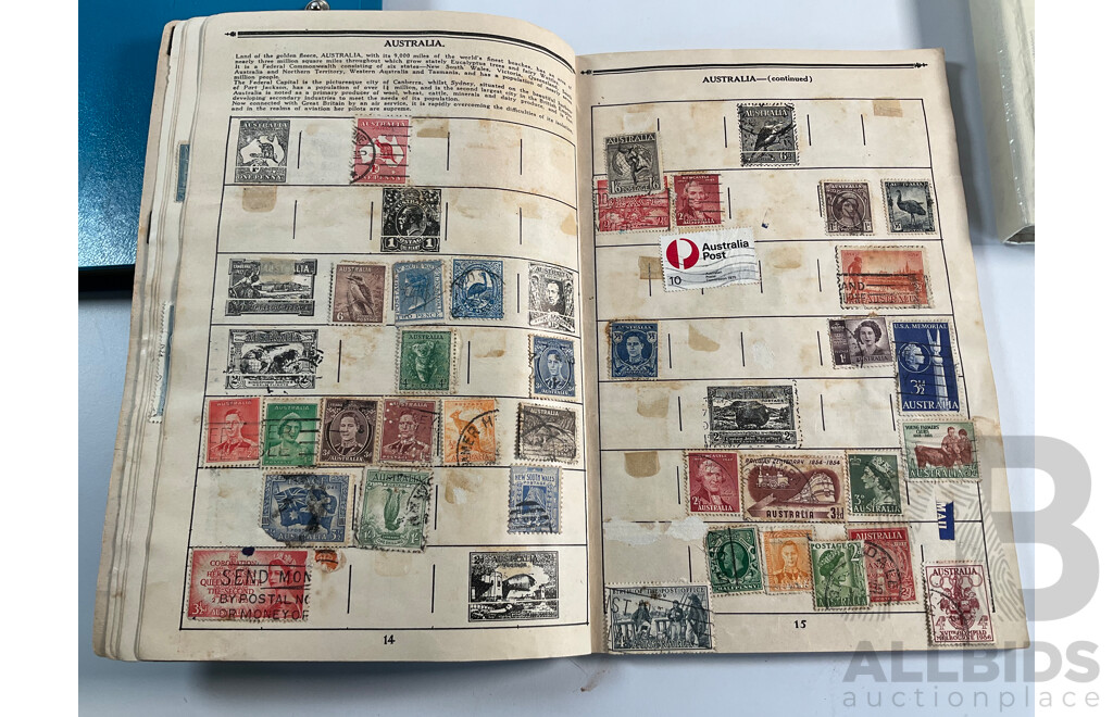 Four Albums of Vintage International Stamps Including ETA Postage Stamps of the World, Australian Predecimal, Ceylon Pakistan, France, Canada, New Zealand, Madagascar, South Africa, Uganda, Germany and More