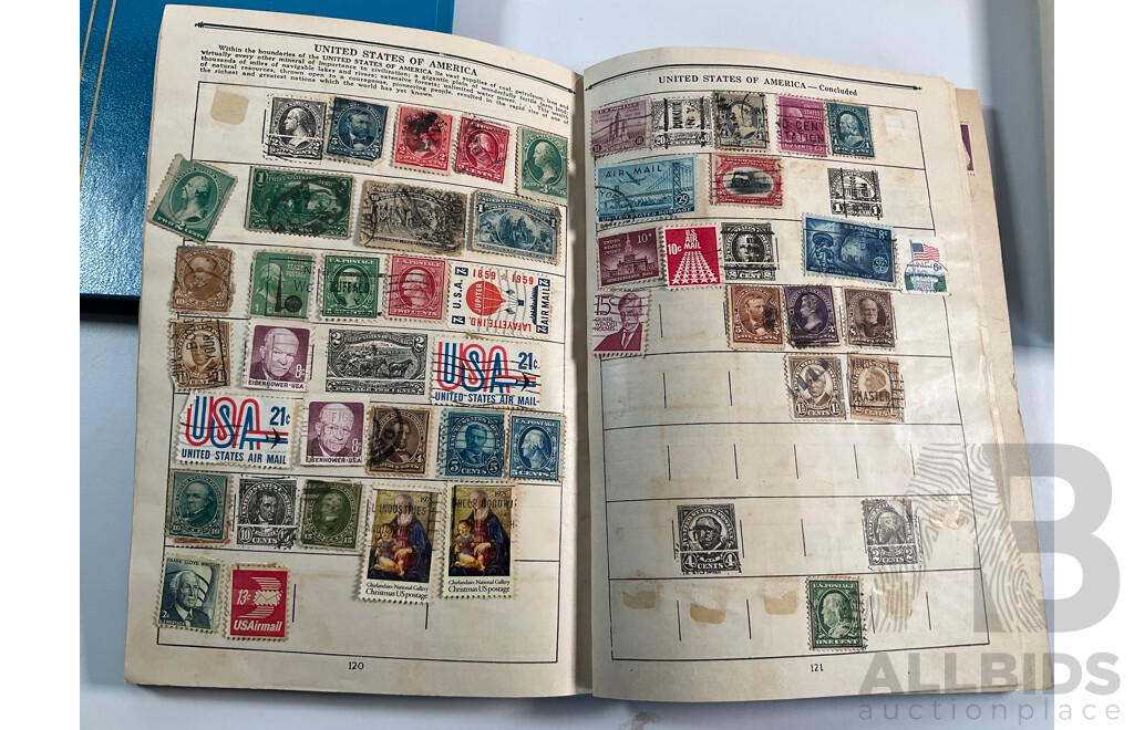 Four Albums of Vintage International Stamps Including ETA Postage Stamps of the World, Australian Predecimal, Ceylon Pakistan, France, Canada, New Zealand, Madagascar, South Africa, Uganda, Germany and More