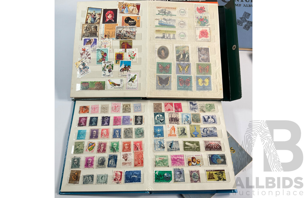 Four Albums of Vintage International Stamps Including ETA Postage Stamps of the World, Australian Predecimal, Ceylon Pakistan, France, Canada, New Zealand, Madagascar, South Africa, Uganda, Germany and More