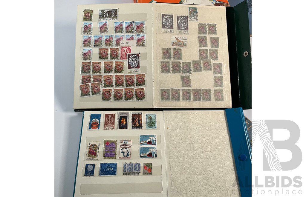 Four Albums of Vintage International Stamps Including ETA Postage Stamps of the World, Australian Predecimal, Ceylon Pakistan, France, Canada, New Zealand, Madagascar, South Africa, Uganda, Germany and More
