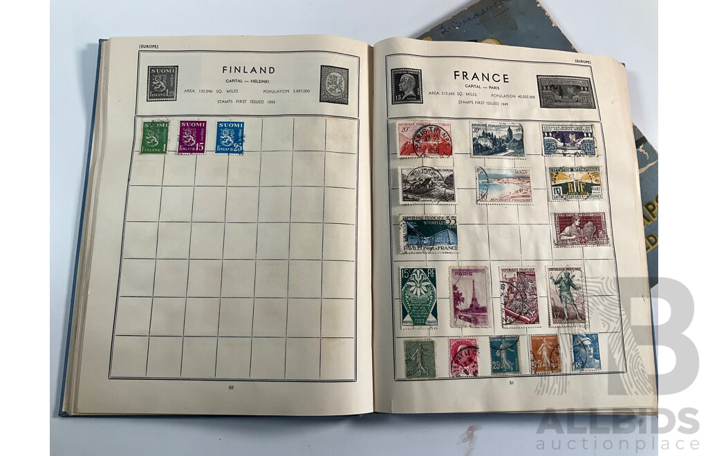 Four Albums of Vintage International Stamps Including ETA Postage Stamps of the World, Australian Predecimal, Ceylon Pakistan, France, Canada, New Zealand, Madagascar, South Africa, Uganda, Germany and More