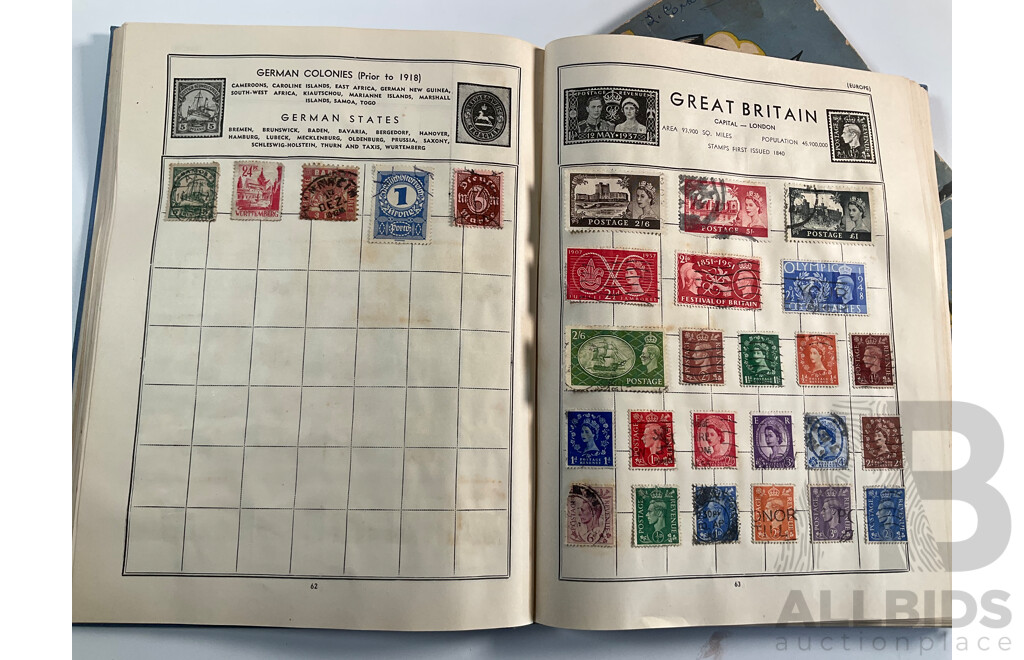 Four Albums of Vintage International Stamps Including ETA Postage Stamps of the World, Australian Predecimal, Ceylon Pakistan, France, Canada, New Zealand, Madagascar, South Africa, Uganda, Germany and More