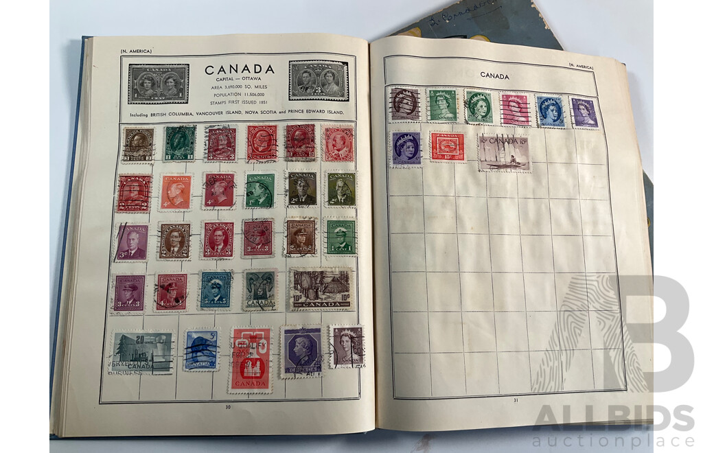 Four Albums of Vintage International Stamps Including ETA Postage Stamps of the World, Australian Predecimal, Ceylon Pakistan, France, Canada, New Zealand, Madagascar, South Africa, Uganda, Germany and More