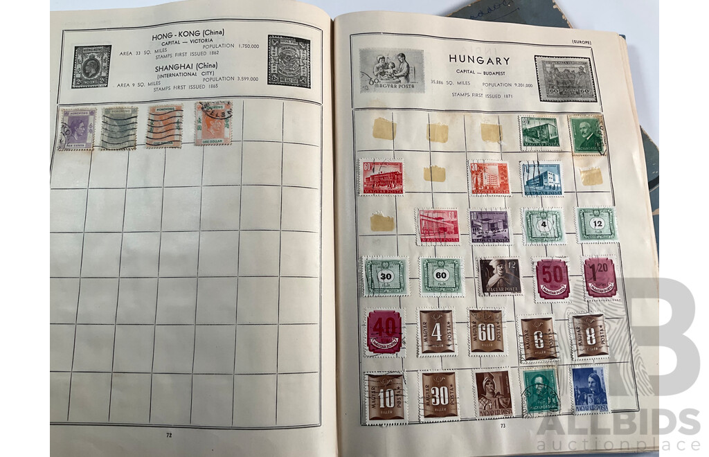 Four Albums of Vintage International Stamps Including ETA Postage Stamps of the World, Australian Predecimal, Ceylon Pakistan, France, Canada, New Zealand, Madagascar, South Africa, Uganda, Germany and More